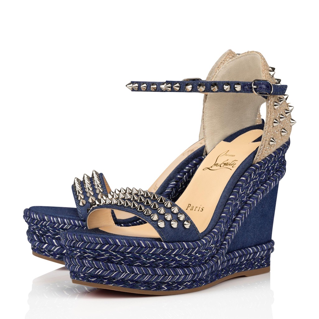 Christian Louboutin Madmonica Denim Beige Sandal Wedge Espadrille 120mm Sz 38